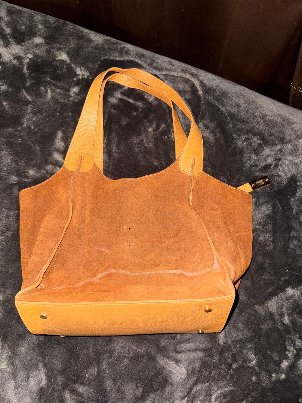 Brown Suede Tote Bag with Tan Leather Handles and Gold-Tone Hardware